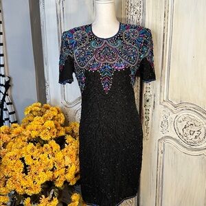 Vintage Ste’nay Multicolor Beaded Embellished Black 100% Silk Cocktail Dress